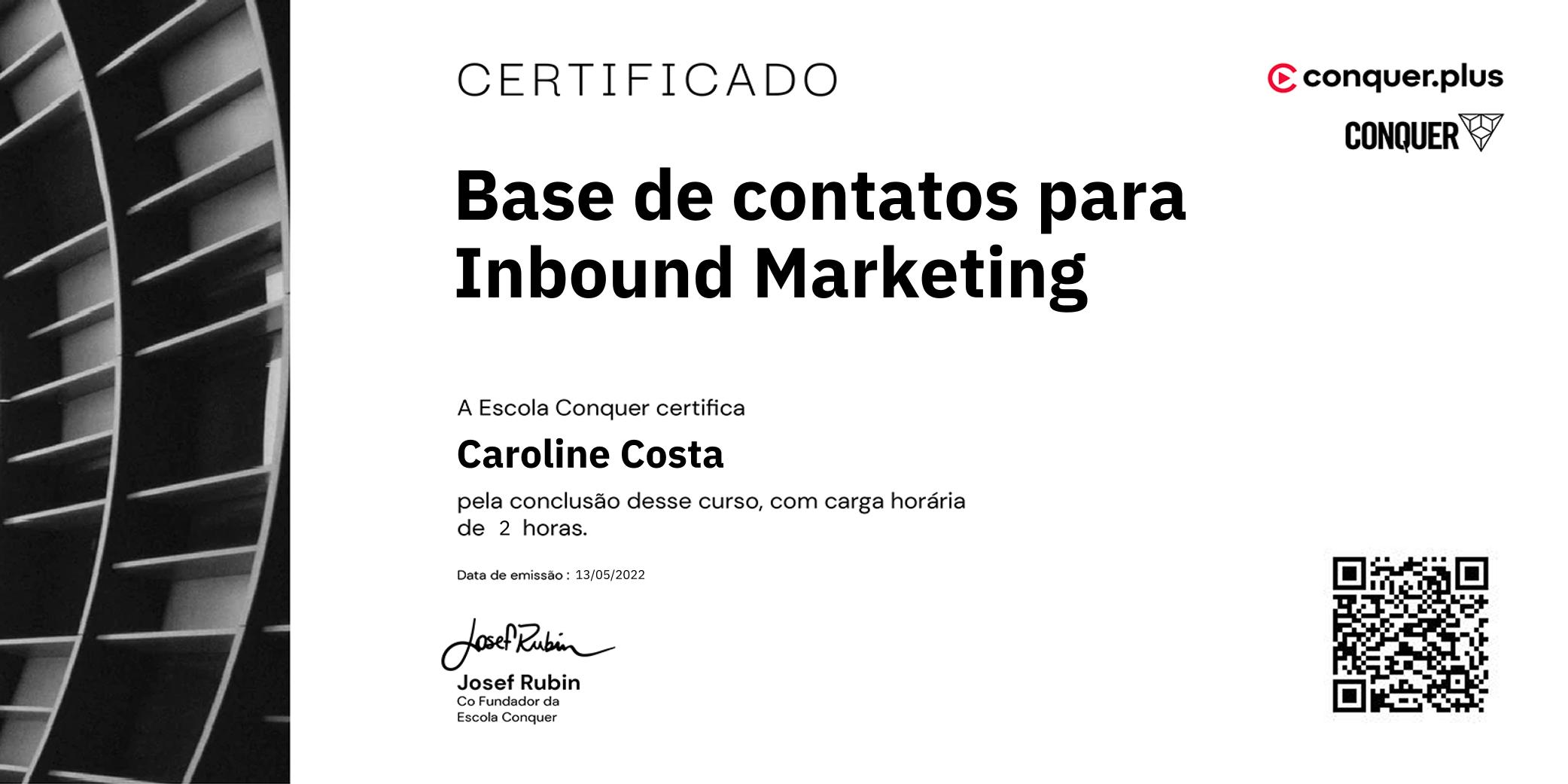 Certificado de Base de contatos para Inbound Marketing